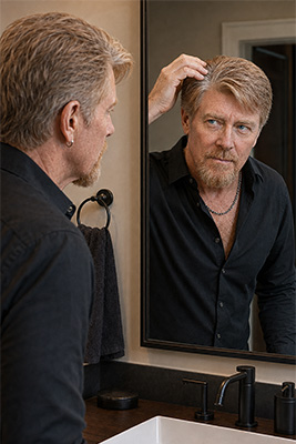 Doug examining modest gray root growth three or four weeks after coloring his hair