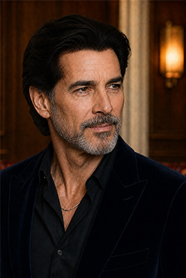 Mature man with flat overly dark hair color, stained skin at the hairline, and an unrelated beard color