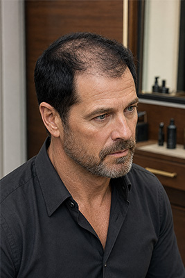 Mature man whose overly dark hair creates strong scalp contrast and makes thinning more visible