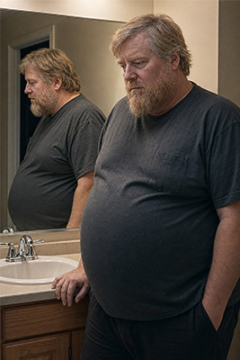 Doug during his years of depression, obese and approximately half gray, avoiding his reflection in the mirror
