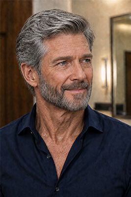 Mature man with unnaturally flat jet-black hair that looks harsh against his complexion