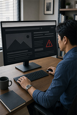 Mature man using a laptop at home while a subtle security warning signals a hidden online threat