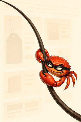 Humorous cartoon crab with a shady smile clinging to a single hair as a visual metaphor for hidden malware