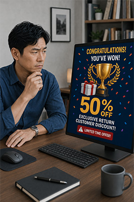 Skeptical man examining an unbelievable contest prize and discount offer on his phone