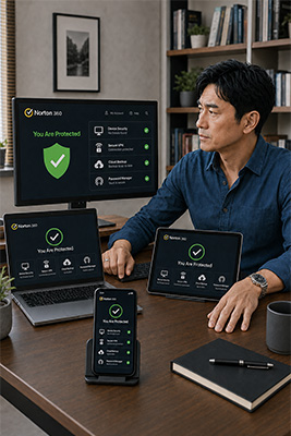 Successful online entrepreneur using security protection across his desktop computer, laptop, phone, and tablet