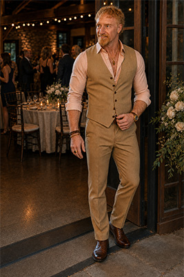 Confident, well-dressed man preparing to enter an elegant social gathering