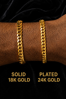 Men's gold and silver bracelets shown on a man on black velvet depicting solid vs plated gold and sterling and plated silver.