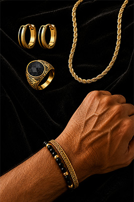 Men's bracelet coordinated in three different ways with black mesh, gold mesh, wood, marble, and complementary jewelry to create multiple wearable options.