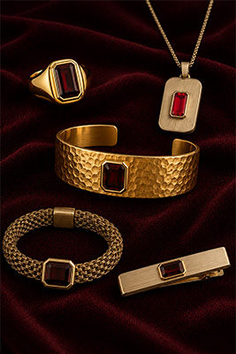 Men's jewelry comparison showing pieces that are close but visibly mismatched beside a collection with closely matched metal tones, stones, and design details.