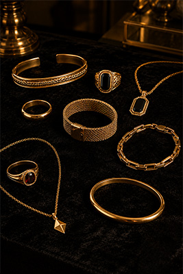 Three-stage men's jewelry collection showing coordinated pieces, three closely matching pieces discovered within the group, and those pieces expanded into a fuller matched collection.