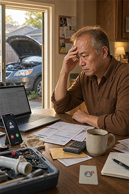 Overwhelmed mature man surrounded by bills, responsibilities, messages, and unfinished tasks