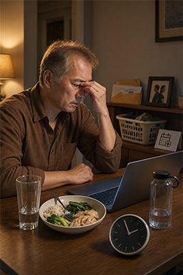 Exhausted man realizing that dehydration, hunger, and eye strain are making his stress feel worse