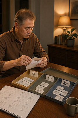 Man sorting responsibilities into what must be done today, what can wait, and what belongs to someone else