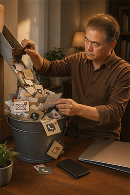 Man trying to empty an overflowing bucket while new demands continue pouring into it