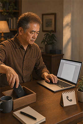 Man silencing his phone and closing unnecessary browser tabs so he can focus on one responsibility