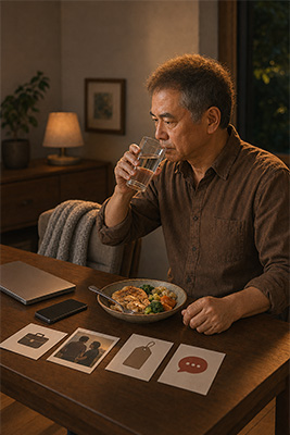 Exhausted man pausing to eat, hydrate, and recover before making an important decision