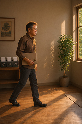 Calm man carrying one manageable responsibility while the remaining tasks wait for their turn