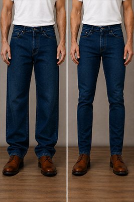 Off-the-rack jeans improved through tailoring to create a cleaner length and more flattering taper