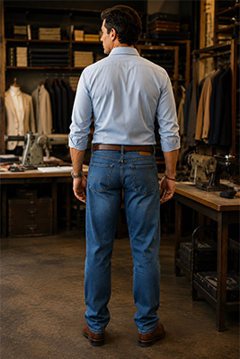 Rear view of a man with a relatively flat backside wearing jeans with excess fabric sagging through the seat