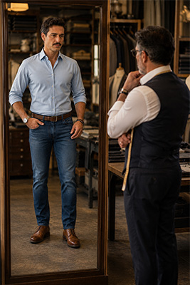 Men with different body types wearing pants selected and fitted to flatter their individual proportions
