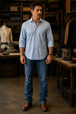A man wearing a casual button-front shirt with excess fabric through the torso and sleeves