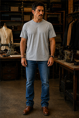 A man wearing a boxy T-shirt with long flaring sleeves and excess fabric through the torso