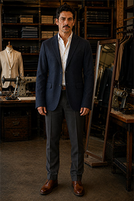 A man wearing a sport coat with sleeves that are too long and excess fabric through the torso