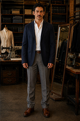 A man wearing an off-the-rack outfit with excess fabric, incorrect sleeve length, and poorly proportioned pants