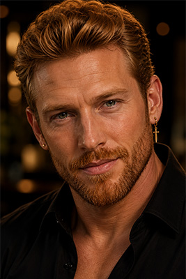 Handsome man in a fitted black shirt wearing an intentional asymmetrical earring look with a dangling gold earring in one ear and a gold stud in the other.