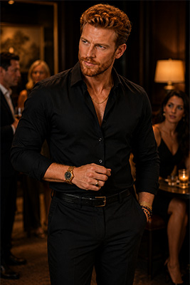 Nicely dressed man wearing appropriate jewelry entering an upscale room with confidence and being noticed for the right reasons.