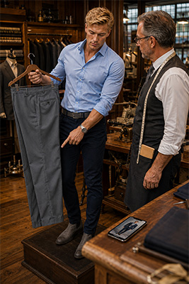 A customer showing his tailor a pair of trousers that demonstrates the fit and taper he prefers