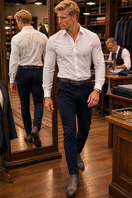 A customer walking naturally in front of a mirror while evaluating the fit and movement of his altered white dress shirt