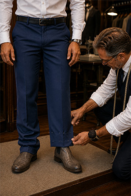A tailor pinning the hem of one trouser leg while the customer stands naturally wearing the belt and shoes he normally wears