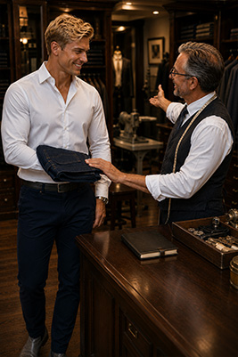 A returning customer handing a trusted tailor a new pair of jeans while both smile, reflecting a long-term professional relationship