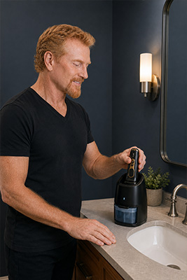 Mature man placing his Braun Series 9 into its cleaning and charging station