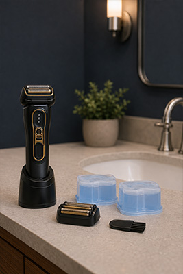 Clean Braun Series 9 with replacement cutting components and cleaning supplies organized on a bathroom counter