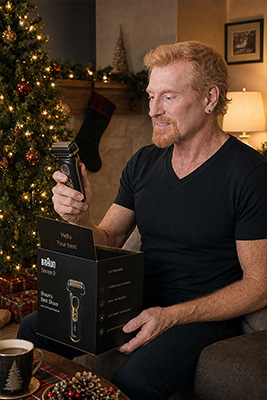 Mature man opening the Braun Series 9 electric shaver he purchased as a Christmas present for himself