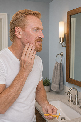 Mature man showing mild razor burn and irritation after shaving with an old disposable razor
